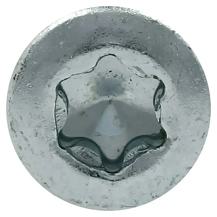 Profi Depot Dielenschraube VZ TX - Durchmesser: 3,2 mm, Länge: 35 mm, TX für TORX-Antriebe, 200 Stk. - Nahaufnahme eines Torx-Schraubenkopfes mit glänzender Oberfläche. Ideal für Heimwerker und Handwerker.