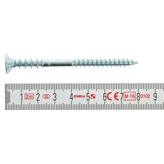 Profi Depot Justierschraube VZ - Durchmesser: 6 mm, Länge: 80 mm, TX für TORX-Antriebe, 100 Stk. - Nahaufnahme einer Schraube, die mit einem Zollstock auf einer schwarzen Oberfläche gemessen wird.