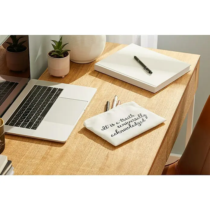 Cricut Transferfolie Infusible Ink - 2 Stk., Schwarz, L x B: 30,5 x 30,5 cm - Nahaufnahme von einem Schreibtisch mit einem Laptop, Pflanzen und einem Federmäppchen mit dem Aufdruck "It is a truth universally acknowledged".