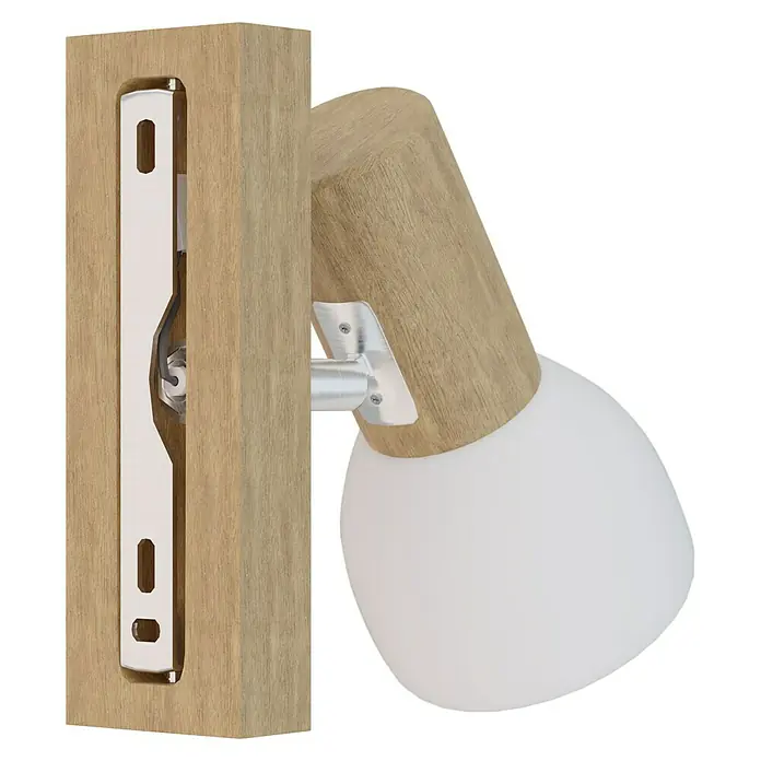 Spotlight Deckenstrahler Svenda - 60 W, L x B x H: 15 x 9 x 15 cm, Eiche, E27 - Nahaufnahme einer modernen Wandleuchte mit Holzdetails und einem eleganten, weißen Lampenschirm.