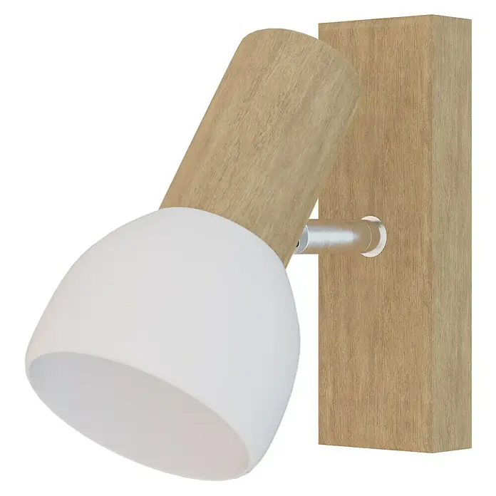 Spotlight Deckenstrahler Svenda - 60 W, L x B x H: 15 x 9 x 15 cm, Eiche, E27 - Nahaufnahme einer modernen Wandleuchte mit Holzsockel und weißem Lampenschirm auf schwarzem Hintergrund.