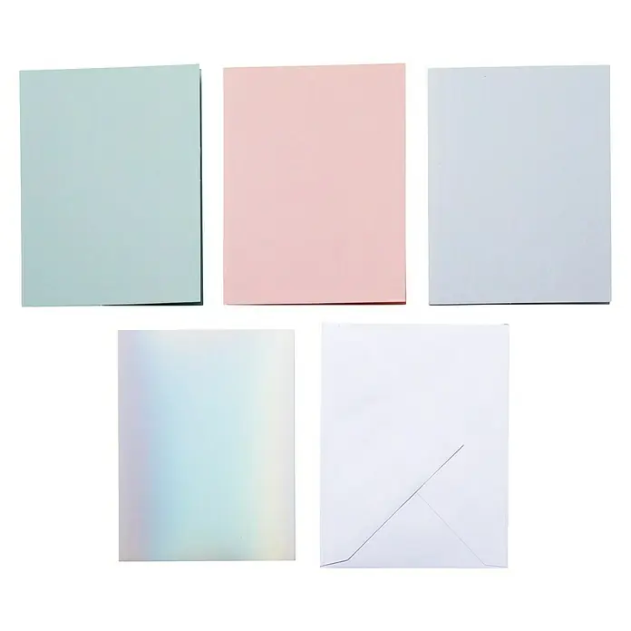 Cricut Joy Klebekarten-Set Cutaway Karte mit Kuvert - 8 -tlg., Pastell, 14 x 10,8 cm - Eine Nahaufnahme von bunten Notizzetteln in Pastelltönen und holografischem Design, perfekt für Bürobedarf und kreative Projekte.