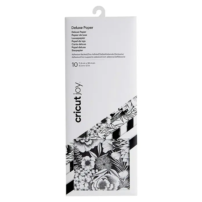 Cricut Joy Papier Deluxe Paper - 10 Stk., Schwaz/Weiß Botanicals, 30 x 11,5 cm, Cricut Schneideplotter - Packung Cricut Joy Deluxe Papier mit floralen Mustern, selbstklebend, ideal für Bastelprojekte und kreative Anwendungen.