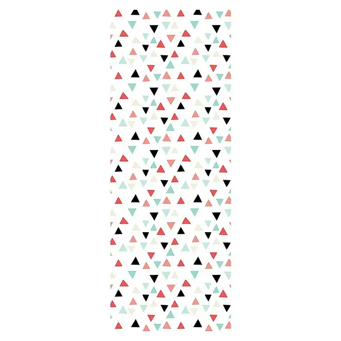 Cricut Joy Papier Deluxe Paper - 10 Stk., Kaleidoscope, 30 x 11,5 cm, Cricut Schneideplotter - Dreiecksmuster Tapete mit roten, schwarzen, türkisfarbenen und cremefarbenen Dreiecken, die ein dynamisches und stilvolles Erscheinungsbild erzeugen.