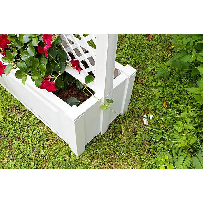 KHW Pflanzkasten mit Zentralspalier - Außenmaß (L x B x H): 100 x 43 x 140 cm, Kunststoff, Weiß - Der weiße Pflanzkasten mit Rankgitter beherbergt üppige rote Blumen, die einen Hauch von Eleganz in den Garten bringen. Ein Blickfang!