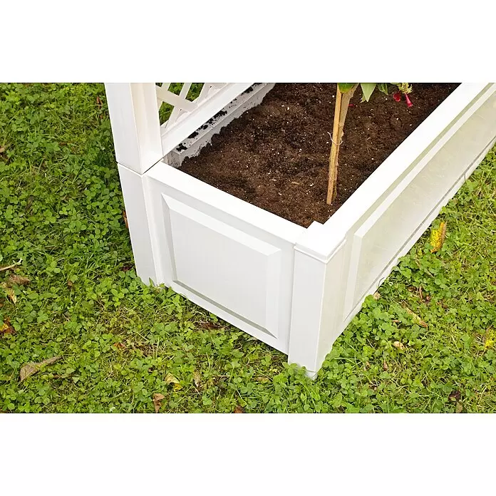 KHW Pflanzkasten - Außenmaß (L x B x H): 100 x 43 x 140 cm, Kunststoff, Weiß - Weißer Pflanzkasten mit Zierpaneelen und integriertem Spalier, gefüllt mit Erde zum Bepflanzen.