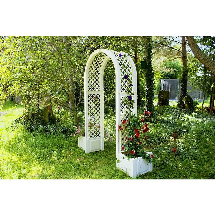 KHW Rosenbogen - Weiß, 174 x 43 x 207 cm, Ausstattung: 2 Pflanzkästen - Das schöne Rosenbogen-Gartenstück mit weißen Pflanzkästen und blühenden Blumen verleiht dem Garten eine elegante Note.