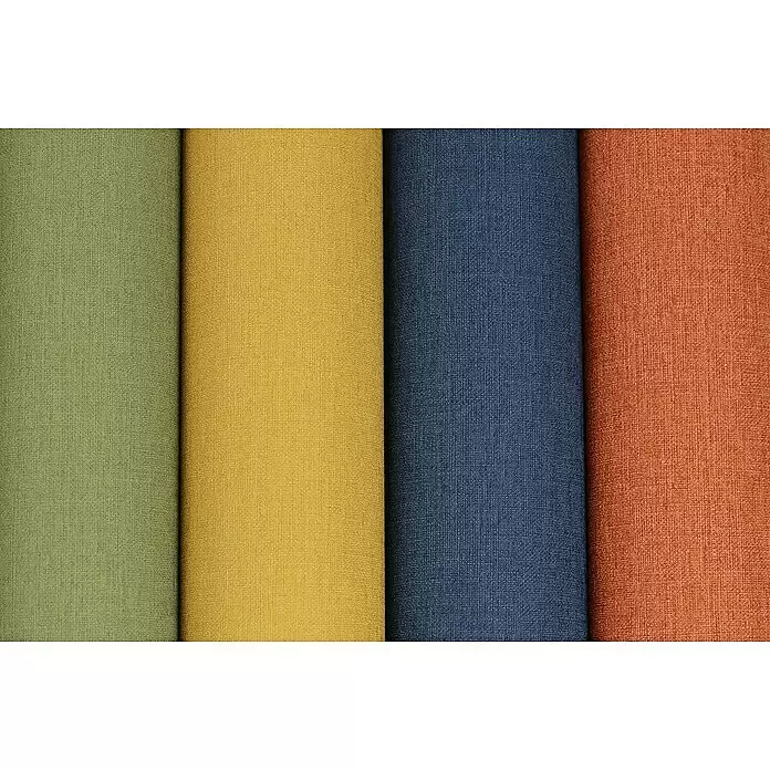 Rasch Salsa Vliestapete - Ocker, Uni, 10,05 x 0,53 m - Vier Rollen strukturierter Stoff in Grün, Gelb, Blau und Orangetönen.