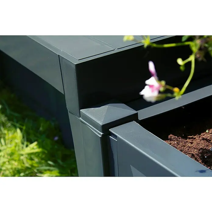 KHW Gartenbank Berlin - B x T x H: 174 x 49 x 41 cm, Anthrazit - Nahaufnahme eines modernen, grauen Hochbeets mit quadratischer Abdeckung und einer zarten rosafarbenen Blüte im Hintergrund.