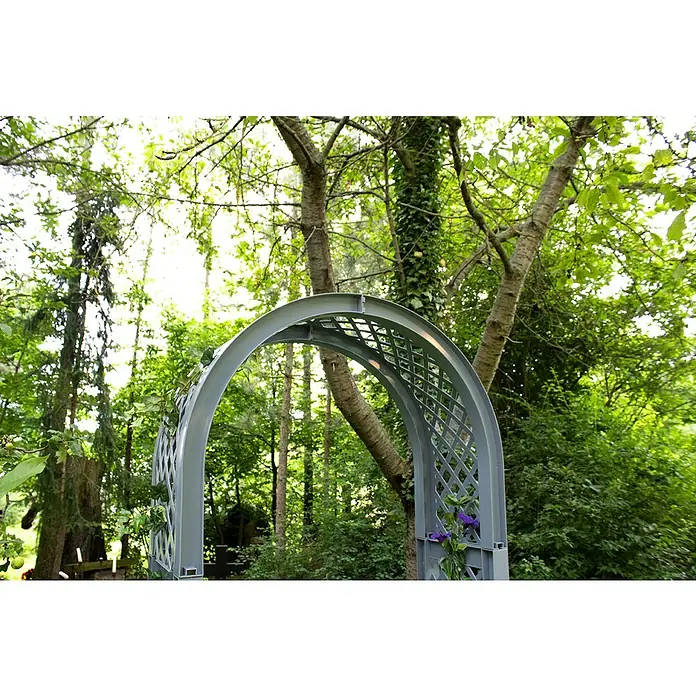 KHW Rosenbogen - Grau, 174 x 43 x 207 cm, Ausstattung: 2 Pflanzkästen - Die graue Gartenlaube mit Rankgitter fügt sich perfekt in die grüne Umgebung ein und bietet einen charmanten Blickfang im Garten.