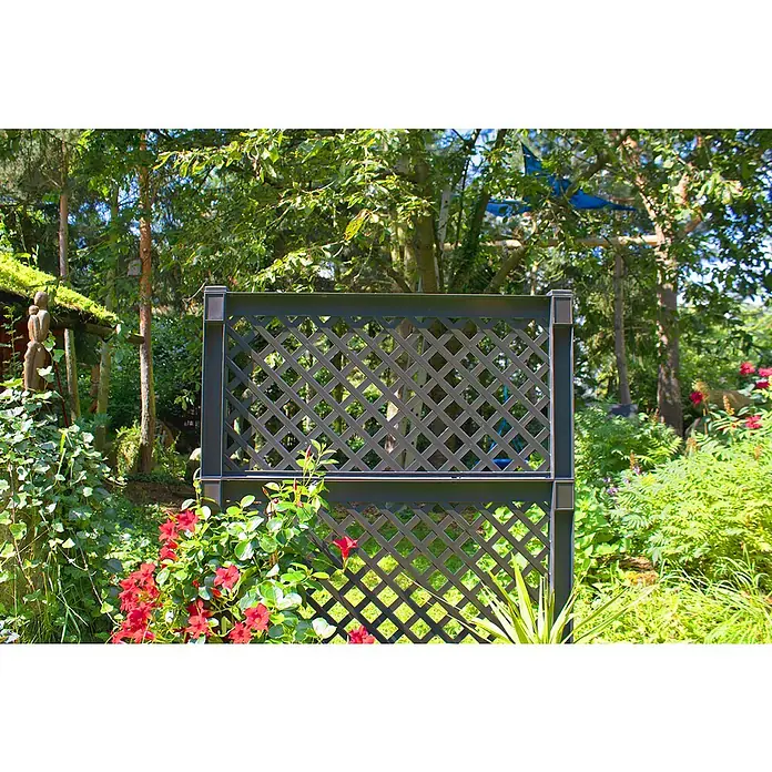 KHW Pflanzkasten - Außenmaß (L x B x H): 100 x 43 x 140 cm, Kunststoff, Anthrazit - Nahaufnahme eines schwarzen, dekorativen Gitterzauns inmitten üppiger Vegetation, ideal als Gartenelement.