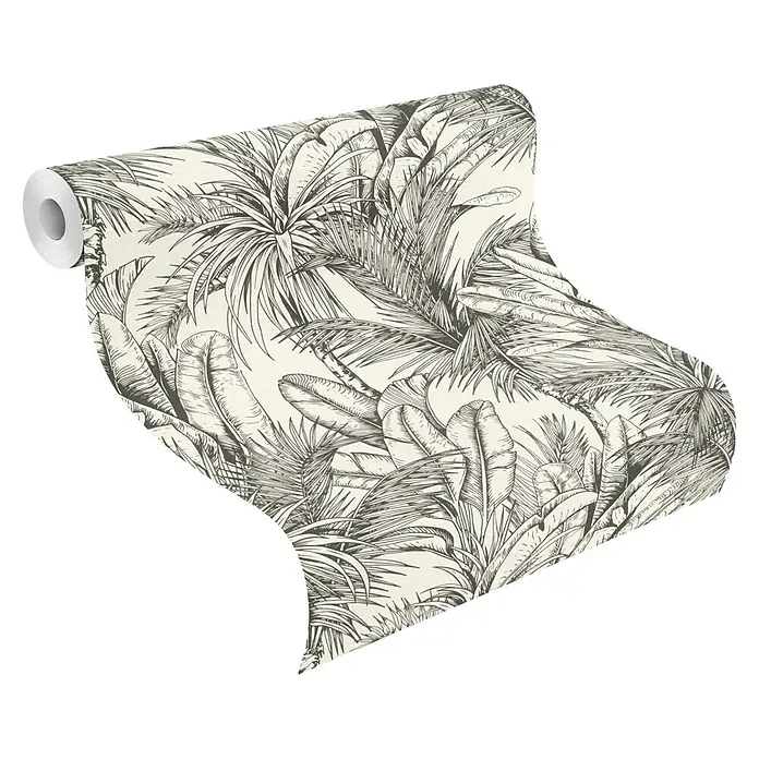 Rasch Salsa Vliestapete Palmen - Schwarz-Weiß, Floral, 10,05 x 0,53 m - Eine Rolle Tapete mit einem detailreichen Schwarz-Weiß-Dschungelmuster, das eine exotische und stilvolle Atmosphäre in jeden Raum bringt.