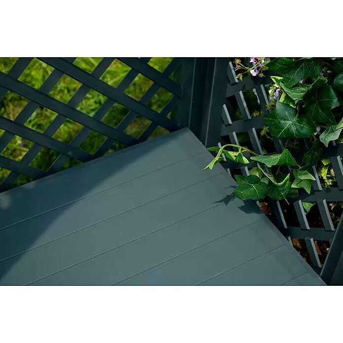 KHW Gartenbank Amsterdam - B x T x H: 174 x 49 x 207 cm, Anthrazit - Dunkelgraue Gartenmöbel mit Lattenoberfläche und integriertem Spalier, mit Pflanzen.