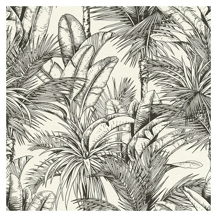 Rasch Salsa Vliestapete Palmen - Schwarz-Weiß, Floral, 10,05 x 0,53 m - Tropisches Muster mit Bananenblättern und Palmen in Schwarz und Weiß für ein exotisches Flair.