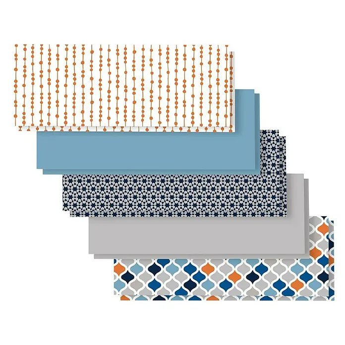 Cricut Joy Papier Deluxe Paper - 10 Stk., Moroccan, 30 x 11,5 cm, Cricut Schneideplotter - Ein Stapel von sechs rechteckigen Blättern Geschenkpapier in verschiedenen Farben und Mustern, ideal für besondere Anlässe.