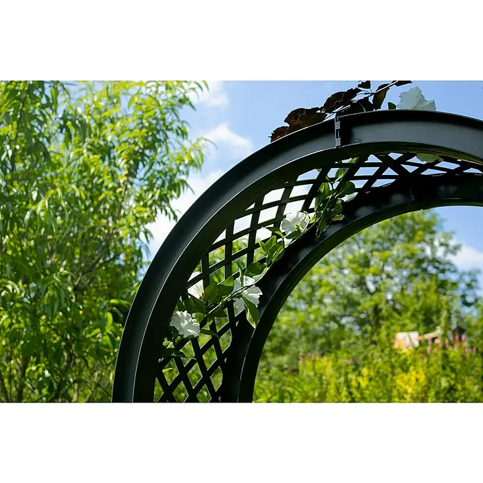 KHW Gartenbank Amsterdam - B x T x H: 174 x 49 x 207 cm, Anthrazit - Nahaufnahme eines schwarzen Gartenbogens mit weißen Blumen, der einen malerischen Blick durch grüne Vegetation hindurch bietet.