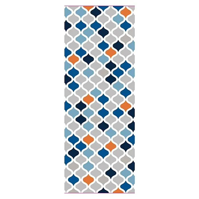 Cricut Joy Papier Deluxe Paper - 10 Stk., Moroccan, 30 x 11,5 cm, Cricut Schneideplotter - Dekoratives Bild mit einem wiederholten Muster aus stilisierten, farbigen Blättern in Blau, Grau und Orange, umrandet von Weiß.