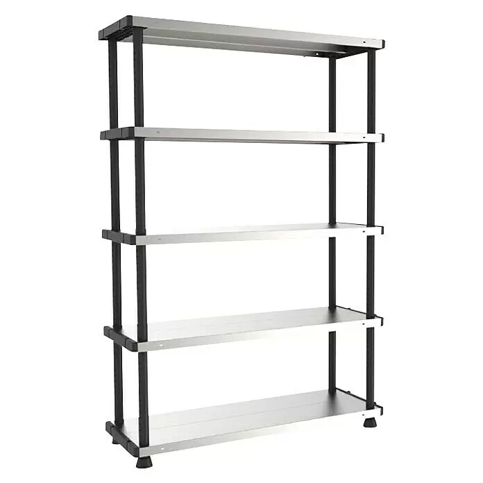 Terry Estantería de plástico MP Shelf 120 RC - Al x An x Pr: 185 x 119 x 45 cm, Capacidad de carga por balda: 120 kg, Número de baldas: 5 ud., Inserción, Negro - Estantería metálica de cinco niveles con postes de soporte negros, ideal para almacenamiento.