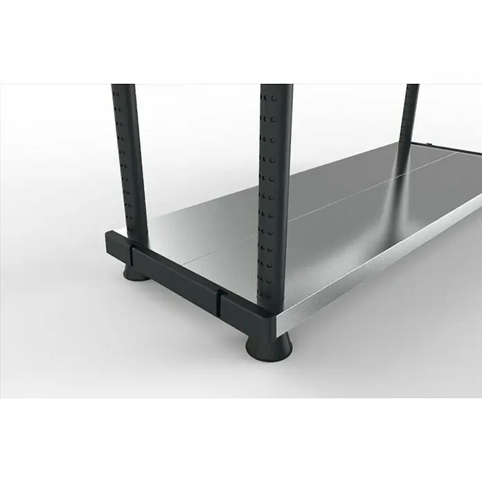 Terry Kunststoffregal MP Shelf 120 RC - H x B x T: 185 x 119 x 45 cm, Traglast pro Boden: 120 kg, Anzahl Böden: 5 Stk., Stecken, Silber - Nahaufnahme eines schwarzen und silbernen Metallregals mit verstellbaren Füßen.