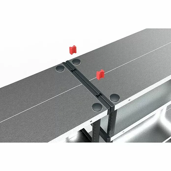 Terry Kunststoffregal MP Shelf 120 RC - H x B x T: 185 x 119 x 45 cm, Traglast pro Boden: 120 kg, Anzahl Böden: 5 Stk., Stecken, Silber - Dunkelgraues Regalbrett mit schwarzem Verbindungsstück und zwei roten Steckverbindern.