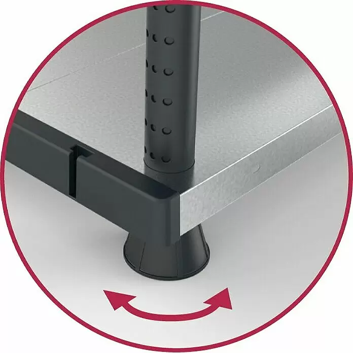 Terry Kunststoffregal MP Shelf 120 RC - H x B x T: 185 x 119 x 45 cm, Traglast pro Boden: 120 kg, Anzahl Böden: 5 Stk., Stecken, Silber - Metallecke eines Regals mit schwarzem, verstellbarem Nivellierfuß. Sorgt für Stabilität auf unebenen Böden.
