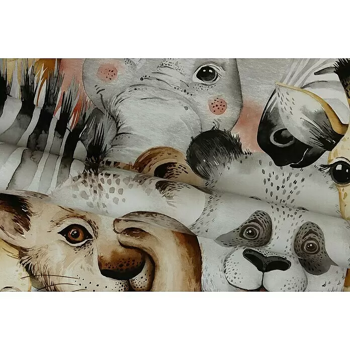 Rasch Bambino XIX Vliestapete Tiere - Hellbraun, Tieroptik, 10,05 x 0,53 m - Textilstoff mit Aquarellillustrationen von Safari-Tieren wie Elefant, Löwe, Zebra, Giraffe und Panda in sanften Farben.
