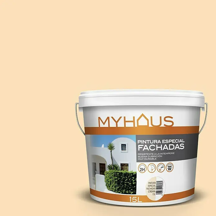 Pintura para fachadas de acrilato puro Myhaus - Cream, 15 l - Un cubo de pintura para fachadas Myhaus, ideal para exteriores, ofreciendo resistencia y buena cubrición para resultados duraderos.