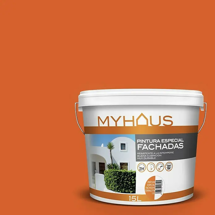 Pintura para fachadas de acrilato puro Myhaus - Terracota, 15 l - Un bote de pintura para fachadas Myhaus, especialmente diseñada para exteriores. La pintura es resistente a la intemperie y muy duradera. Capacidad: 15 litros.
