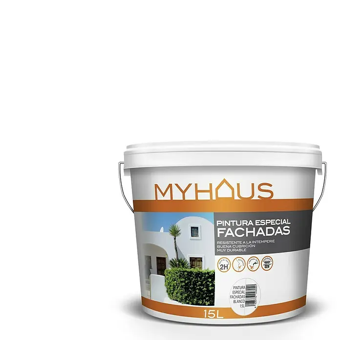 Pintura para fachadas de acrilato puro Myhaus - Blanco, 15 l - En la imagen, un cubo de 15L de pintura especial para fachadas de Myhaus. Es resistente a la intemperie, tiene buena cubrición y es muy duradera.