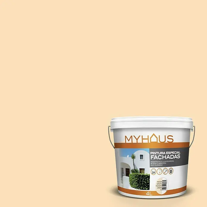Pintura para fachadas de acrilato puro Myhaus - Cream, 4 l - Un cubo de pintura para fachadas Myhaus, especial para fachadas, resistente a la intemperie y duradera con buena cubrición, contiene 4 litros.