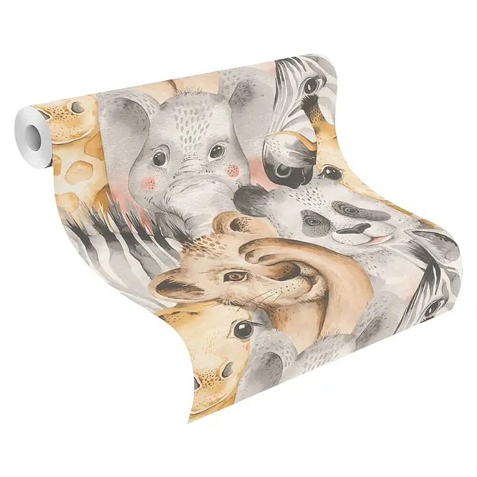 Rasch Bambino XIX Vliestapete Tiere - Hellbraun, Tieroptik, 10,05 x 0,53 m - Tierische Aquarell-Tapete mit Elefant, Löwe, Panda, Zebra und Giraffe. Perfekt für ein Kinderzimmer und andere Wohnräume.