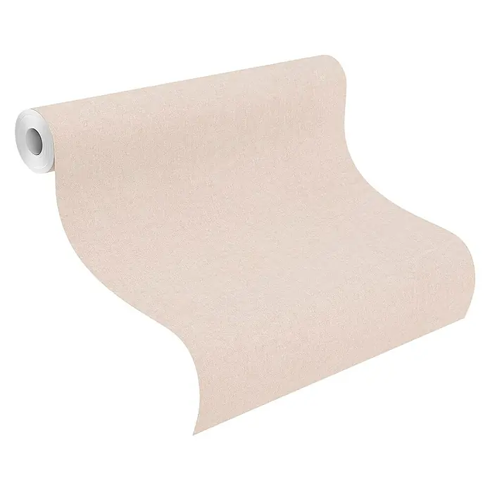 Rasch Bambino XIX Vliestapete - Beigerosa, Uni, 10,05 x 0,53 m - Ein aufgerolltes, beigefarbenes Tapetenmuster vor einem schwarzen Hintergrund, das Textur und elegantes Design für die Wandgestaltung bietet.