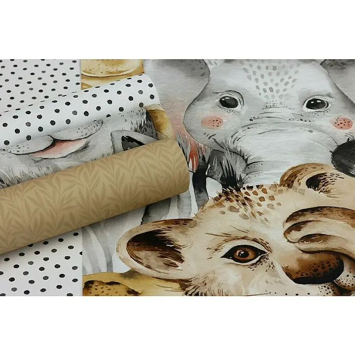 Rasch Bambino XIX Vliestapete Tiere - Hellbraun, Tieroptik, 10,05 x 0,53 m - Nahaufnahme von Kinderzimmer-Dekorpapieren mit Tiermotiven, darunter Elefant, Löwe, Punktmuster und botanisches Design für eine gemütliche Atmosphäre.