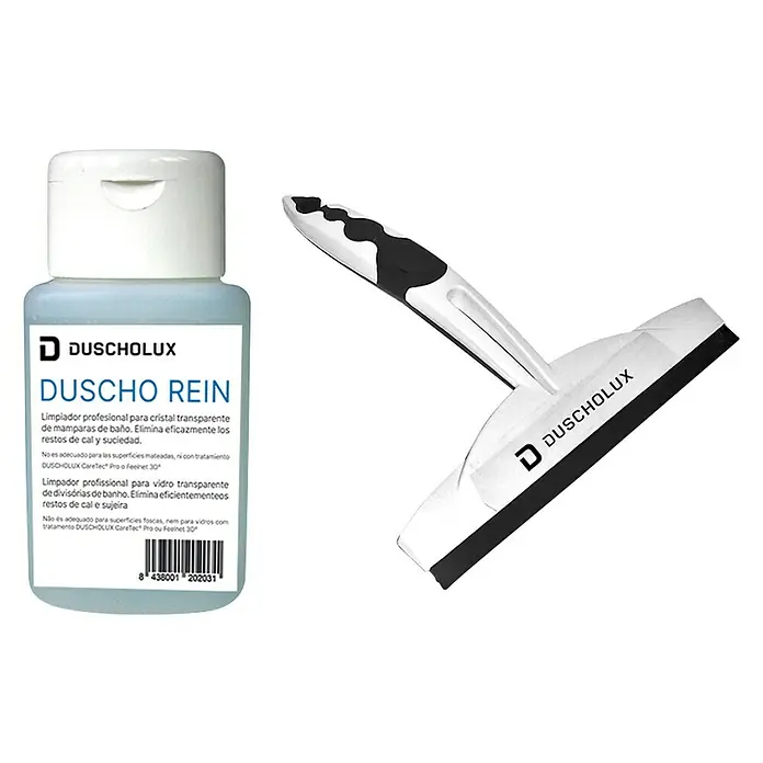 Duscholux Set de limpieza Duscho Rein - Plástico, Blanco/Negro, Lechoso - Limpiador y escurridor Duscholux. El set incluye un limpiador de vidrios y un escurridor para mamparas, para una ducha limpia.