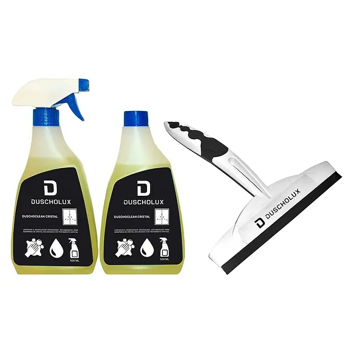 Duscholux Set de limpieza Duschoclean - Plástico, Amarillo, Blanco/Negro - Imagen del set de limpieza Duscholux, con dos frascos de limpiador y un limpiacristales, ideal para mamparas de ducha.
