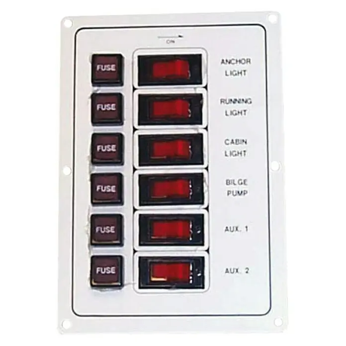 Panel con interruptores - An x Al: 11,5 x 11 cm, 4 interruptores, Blanco - Un panel de interruptores blanco con fusibles e interruptores para luz de ancla, luz de cabina, bomba de achique y más.