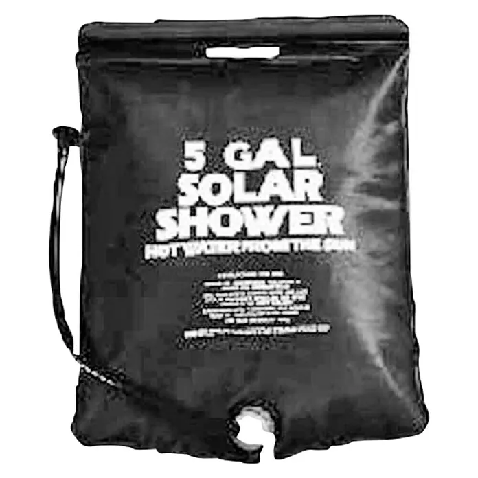 Ducha solar portátil - Capacidad volumétrica: 19 l, Específico para: Eliminar el salitre del agua del mar - Imagen de una bolsa de ducha solar negra de 5 galones, una solución práctica para la higiene al aire libre con calentamiento solar ecológico.