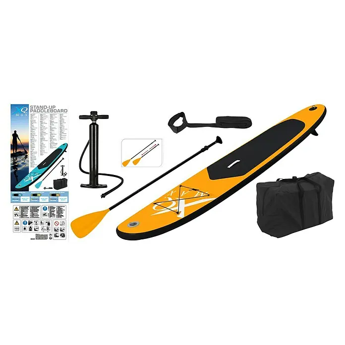 Tabla de surf XQMax - Naranja, L x An x Al: 285 x 71 x 10 cm, Carga útil: 100 kg, Hinchable - Conjunto de paddle surf con tabla amarilla, bomba, pala y bolsa, ideal para aficionados a los deportes acuáticos para ocio en lagos y ríos.