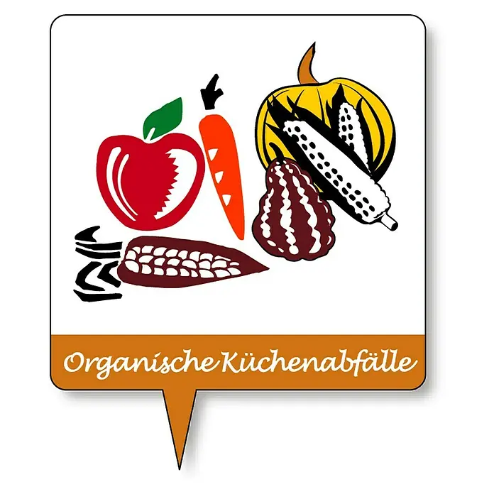 KHW Komposter - 340 l, 75 x 75 x 87 cm - Illustration von organischen Küchenabfällen mit verschiedenen Gemüse- und Obstsorten in leuchtenden Farben auf einem Hinweisschild.