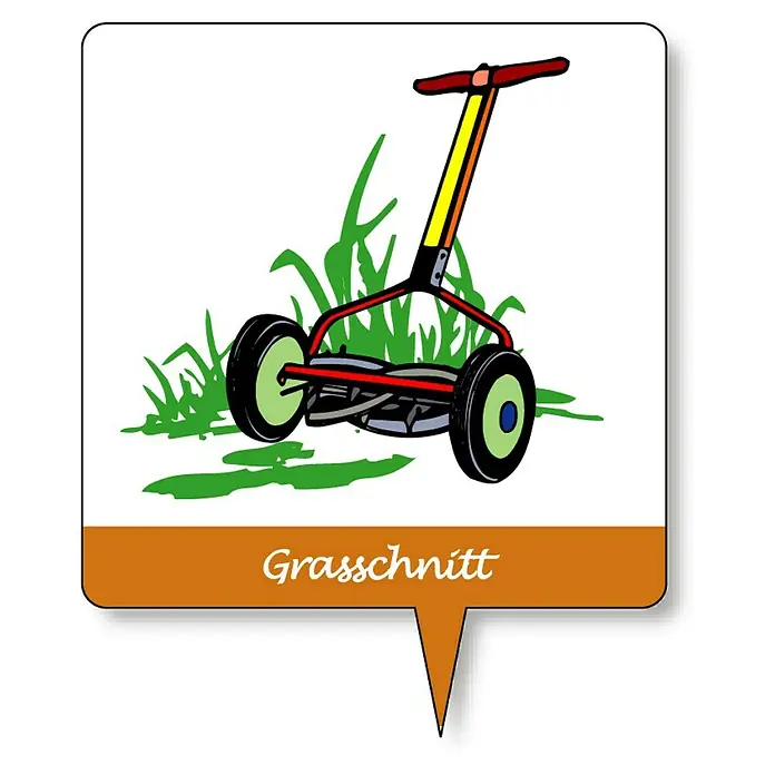 KHW Komposter - 340 l, 75 x 75 x 87 cm - Illustration eines Handrasenmähers zum Schneiden von Gras, dargestellt auf einem Schild mit der Aufschrift "Grasschnitt".