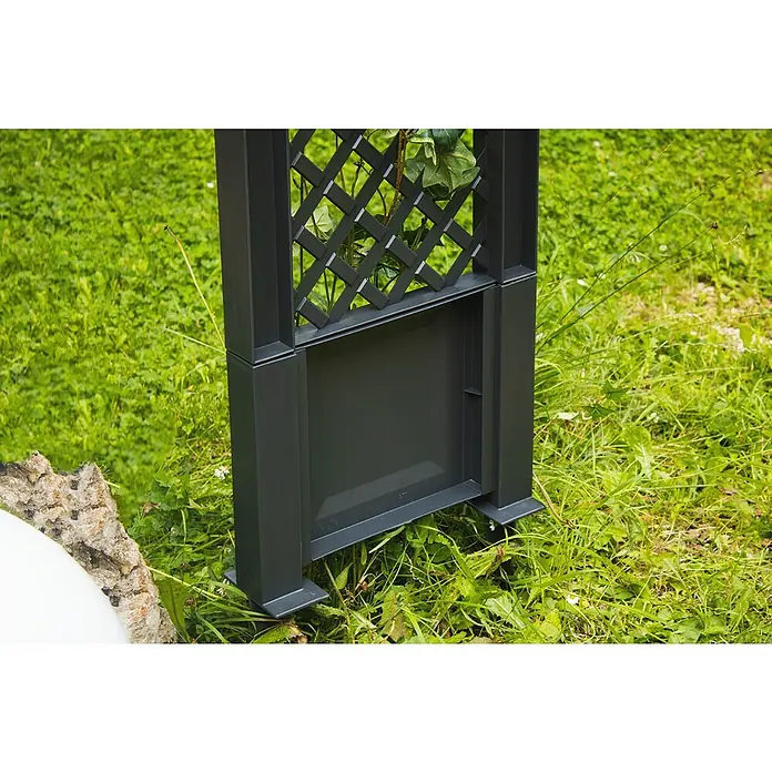 KHW Rosenbogen - Anthrazit, 100 x 43 x 207 cm - Detailansicht einer stilvollen, anthrazitfarbenen Rankhilfe mit integriertem Pflanzkasten, ideal für Garten und Terrasse. Die Rankhilfe bietet Pflanzen Halt.