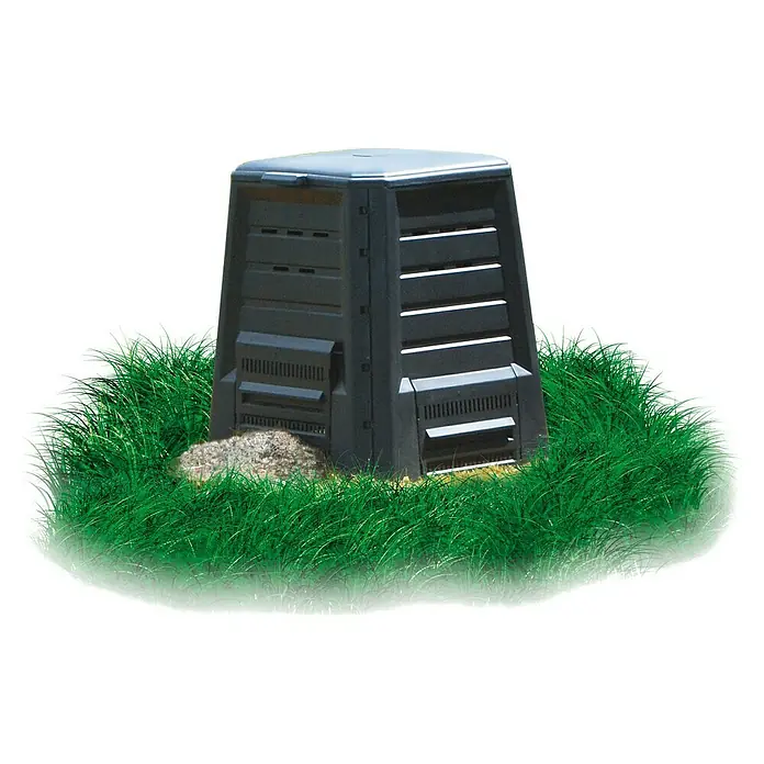 KHW Komposter - 340 l, 75 x 75 x 87 cm - Ein schwarzer, quadratischer Kompostbehälter im Freien, umgeben von grünem Gras. Ideal für die Gartenabfallverwertung.
