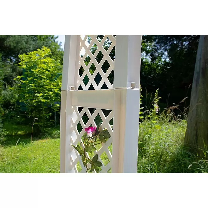 KHW Rosenbogen - Weiß, 100 x 43 x 207 cm - Weißes Kunststoff-Gartenspaliersegment mit rosa Blume und grünen Blättern, ideal zur Pflanzenstütze.