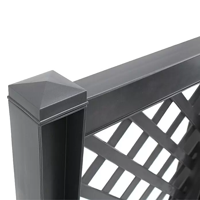 KHW Mülltonnenbox Verkleidung - 119 x 49 x 100 cm, Kunststoff, Anthrazit - Dunkelgrauer Kunststoff-Spalierpfosten mit Pyramidenkappe, verbunden mit einer diagonalen Gitterplatte.