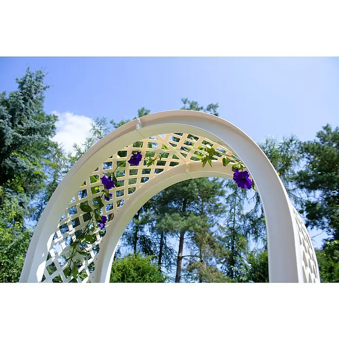 KHW Rosenbogen - Weiß, 100 x 43 x 207 cm - Nahaufnahme eines weißen Gartenbogens mit lila Blüten und grünen Blättern, der sich gegen einen blauen Himmel abhebt und einen ruhigen Gartenblick bietet.