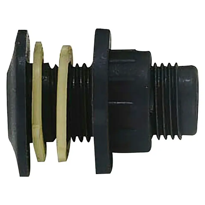 Toma de agua pasacascos de vaciado - Específico para: Válvula de esfera - Primer plano de un accesorio de tanque de plástico negro con sellos de latón, ideal para tanques.
