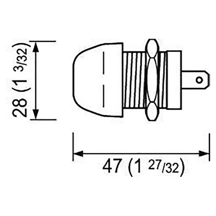 Pulsador con goma - Rojo, 20 A - Ilustración de una pila de botón eléctrica con medidas de 28 (1 3/32) de altura y 47 (1 27/32) de longitud.