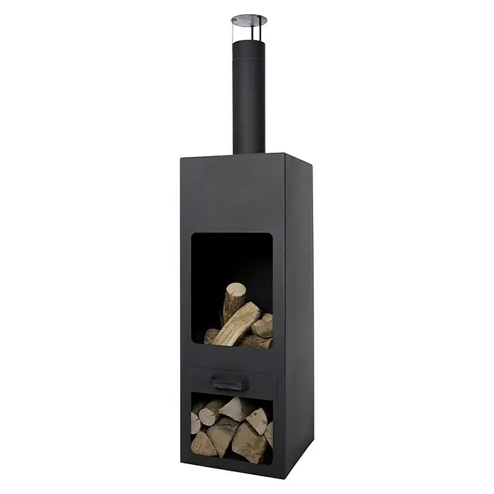 RedFire Gartenkamin Jersey - L x B x H: 45 x 45 x 186 cm, Stahl - Moderner Kaminofen mit Holzfächern. Der Ofen ist schwarz und hat eine zylindrische Esse. Ideal für gemütliche Abende.