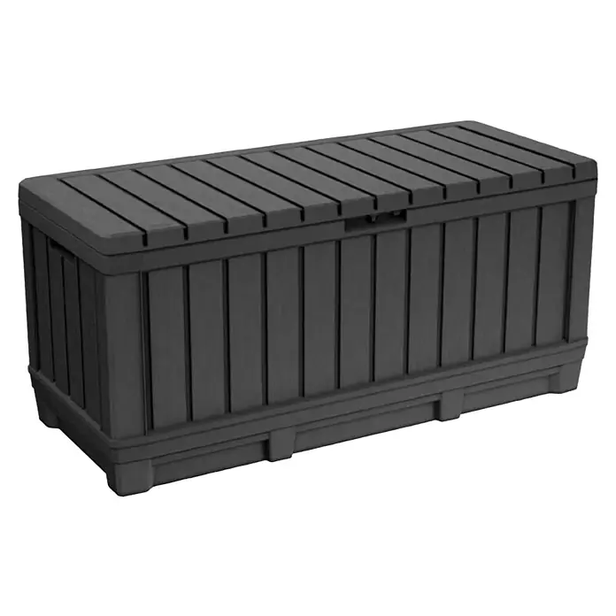 Keter Garten-Aufbewahrungsbox Kentwood - L x B x H: 128 x 53,6 x 59 cm, Kunststoff - Abgebildete ist eine graue, rechteckige Gartenbox mit Lattenmuster für die Aufbewahrung von Gartenutensilien oder Sitzkissen im Außenbereich.