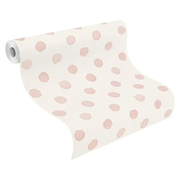 Rasch Bambino XIX Vliestapete Punkte - Rosa, Grafisch, 10,05 x 0,53 m - Eine Rolle Tapete mit einem zarten, rosa Punktmuster auf einem neutralen Hintergrund, ideal für die Wandgestaltung in Wohnräumen.